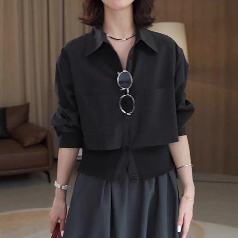 

Korean Style Knitted Splicing Fake Two-piece Long-sleeved Shirt Spring Autumn Polo Collar Pocket Design Shirt Women s Tops S чёрный