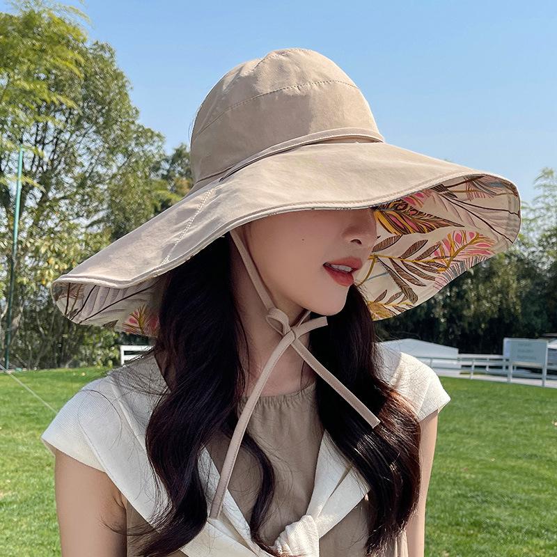 Summer Fashion Versatile Trendy Seaside Wide-brimmed Sunshade Empty Top Hat Double-sided Printing UV-proof Face Bucket Hat