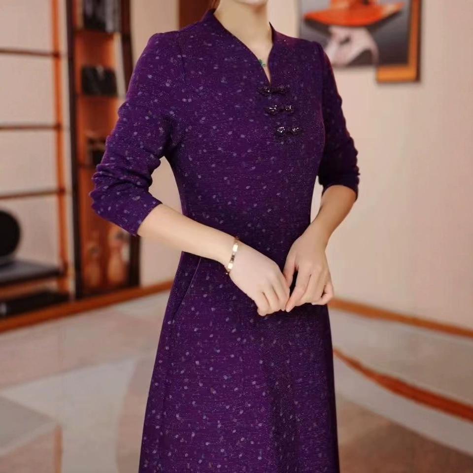 2025 Spring/Autumn Elegant Waist-Slimming Midi Dress for Middle-Aged & Elderly Women