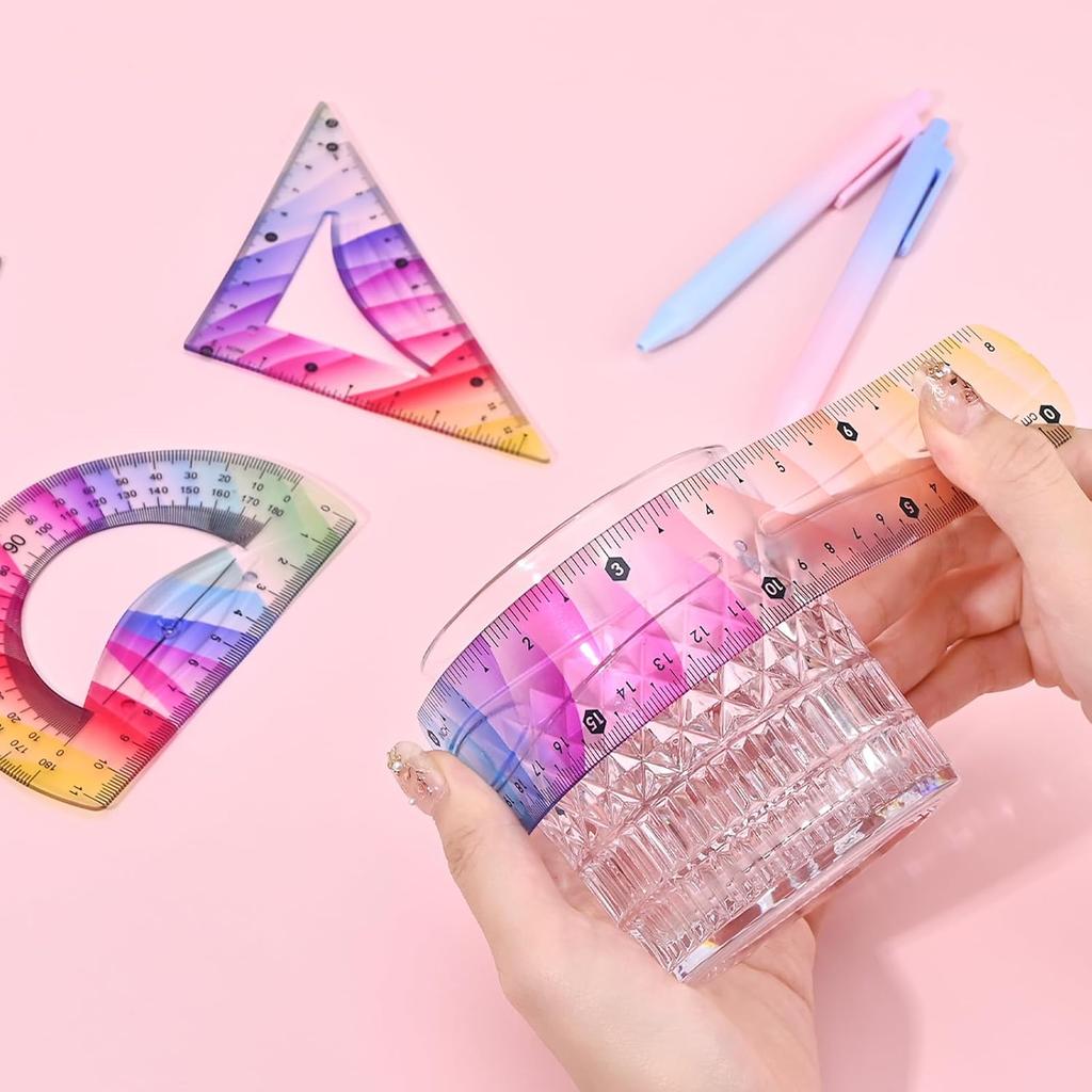 4 Pcs Flexible Rulers Set, Colorful Geometry Kit, Plastic Bendable Shatterproof Soft Rulers, Clear Ruler 20 cm/ 8 Inch, Triangle Rulers and