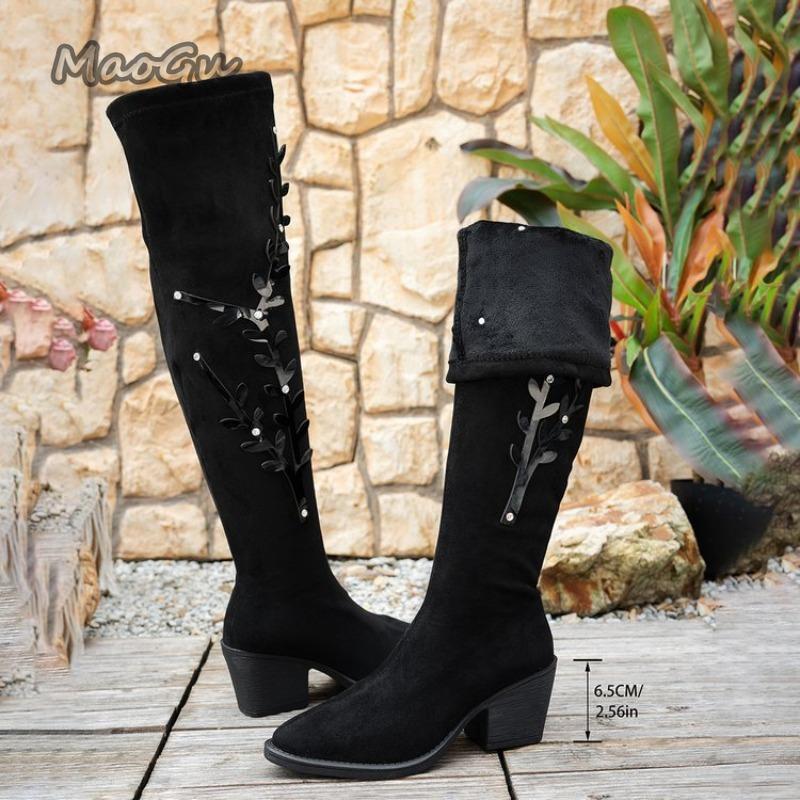 

Black Long Boots for Women Chunky Heel Pointed Toe Suede Over-the-Knee Boots Winter Warm Short Plush Modern Bottes Femmes Size36 36 чёрный