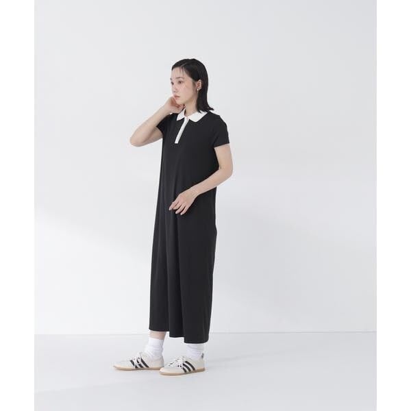 BEAUTY Striped Polo Cut Dress [NATURAL BASIC] [Solid Black/PS]