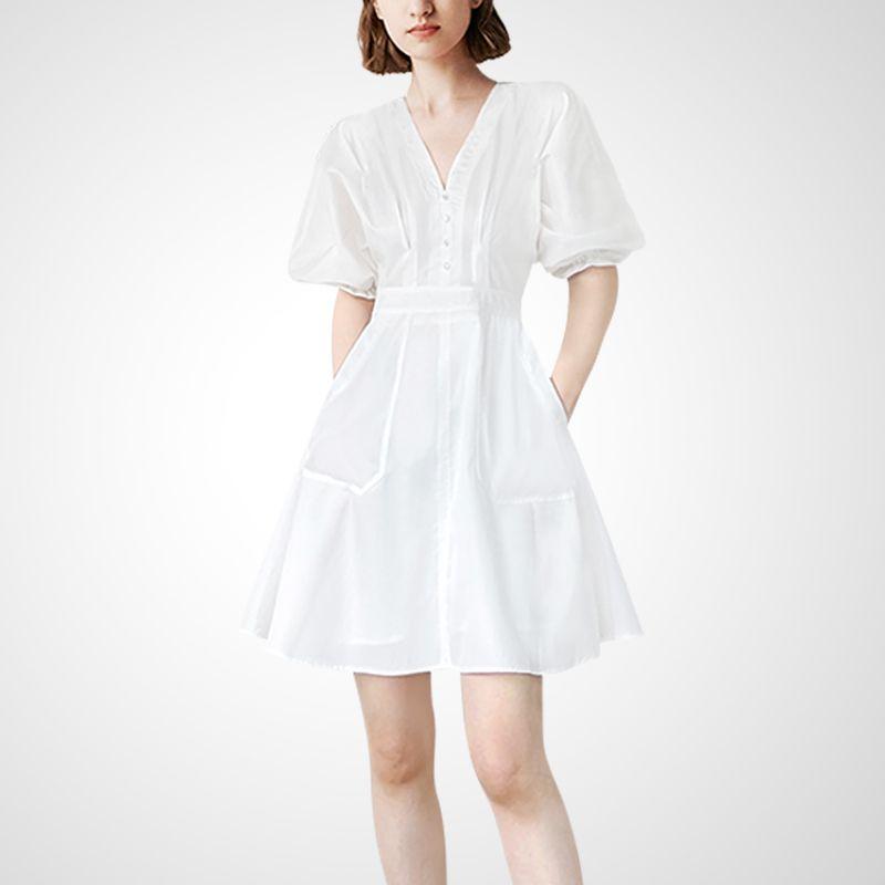 

White for Summer Palace Style V Neck High Waist Dress White-color S