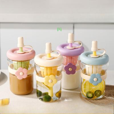 Summer Simple Flower Cup with Straw Coffee Cup Girls' Glass Water Cup