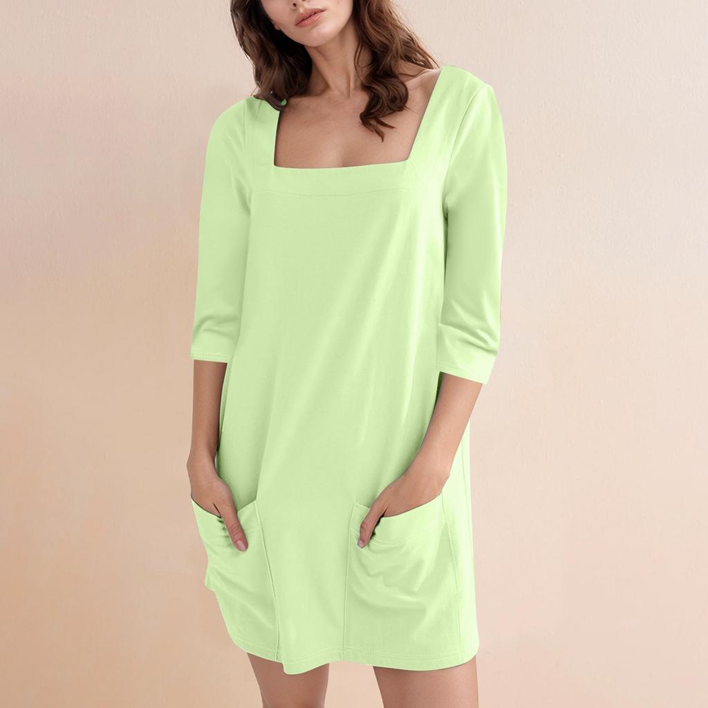 Women's Fashion Casual Solid Color Square Neck 3/4 Sleeve Short Dress