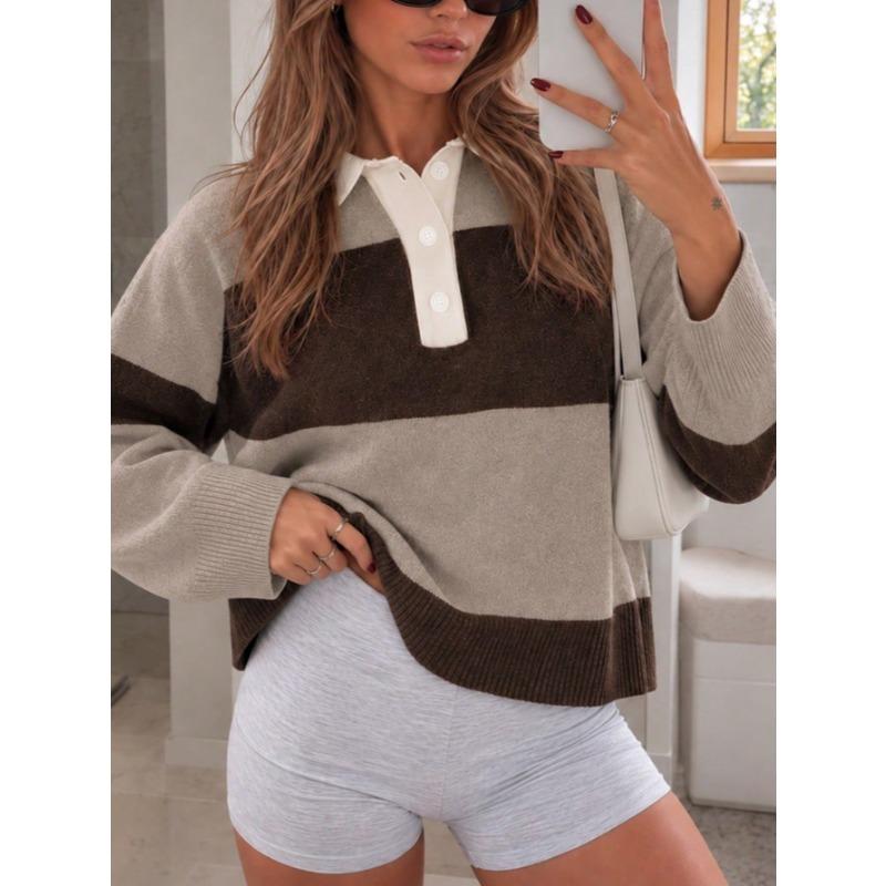 Vintage Color Block Striped Polo Neck Loose Fit Drop Shoulder Long Sleeve Knit Sweater For Women