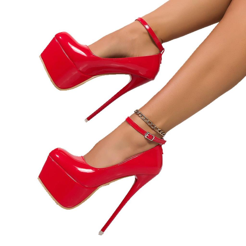 Plus Size Patent Leather Stiletto High Heel Sandals with Ankle Strap and Thick Sole for Women