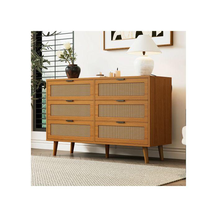 Commode - MUVOE - Vintage - 6 Tiroirs - Bois - Poignées En Métal - L120/H76.5/T40 Cm