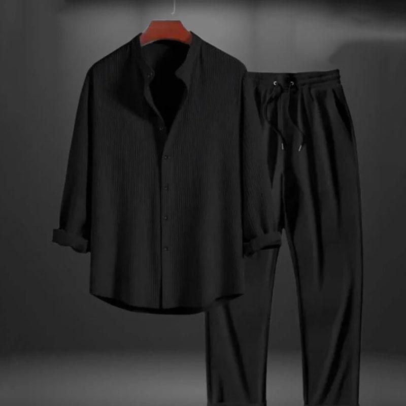 

Men s Black Long Sleeve Stand Collar Shirt with Button Front and Drawstring Waist Pants Set L