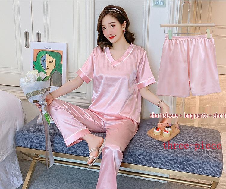 Women's Short Sleeve Faux Silk Ice Silk Pajama Set with Lapel - European Size