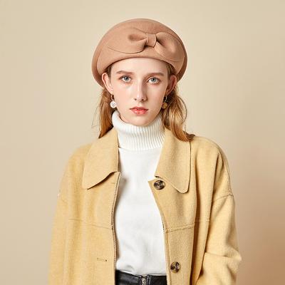 Hat Female Shape Felt Hat Autumn And Winter Wool Beret Elegant Solid Color Bow Stewardess Hat
