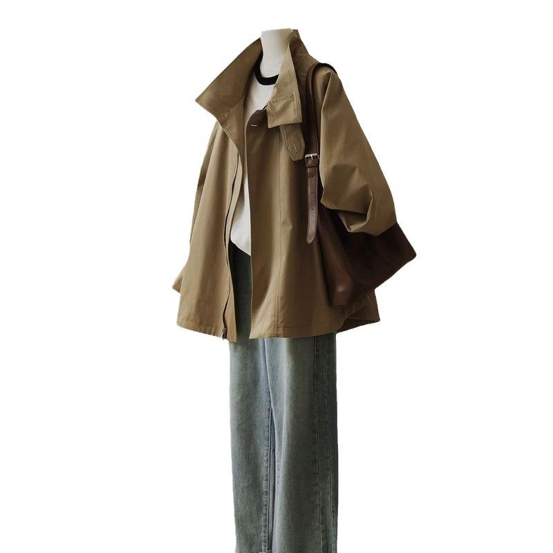 Doppellagiger Kragen Trenchcoat Herbst Damen Farbkontrast Design Sinn Modische Jacke Futter