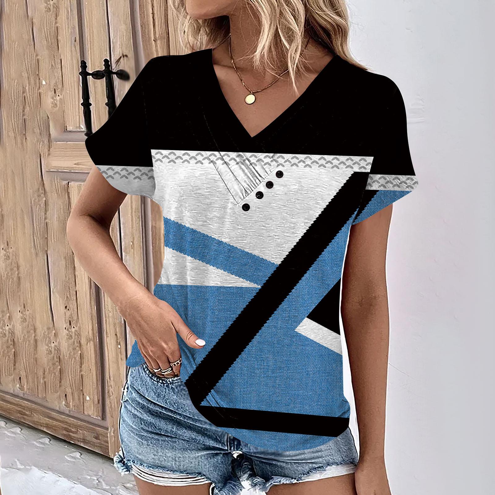 

Летние женские топы с цветочным узором для женщин, удобные женские топы с v-образным вырезом и короткими рукавами, футболки большого размера L синий