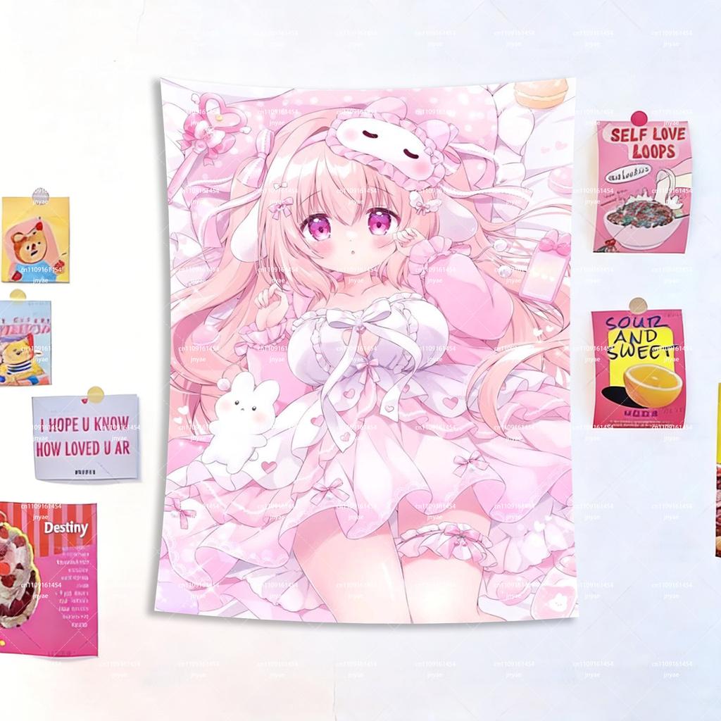 2D Character Tapestry Cute Kawaii Anime Girl Game Style Pink Aesthetic Wall Hanging Printed Wall Art for Bedroom Indoor Home