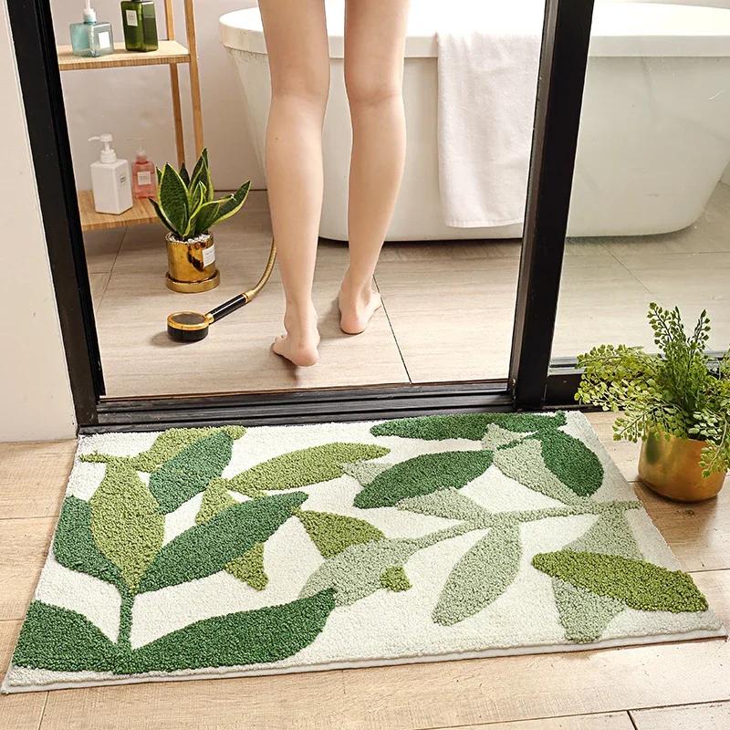 Honlaker Green Leaves Flocking Bath Mat Non-slip Absorbent Microfiber Bathroom Rug Home Entrance Door Mat Super Soft Bath Carpet