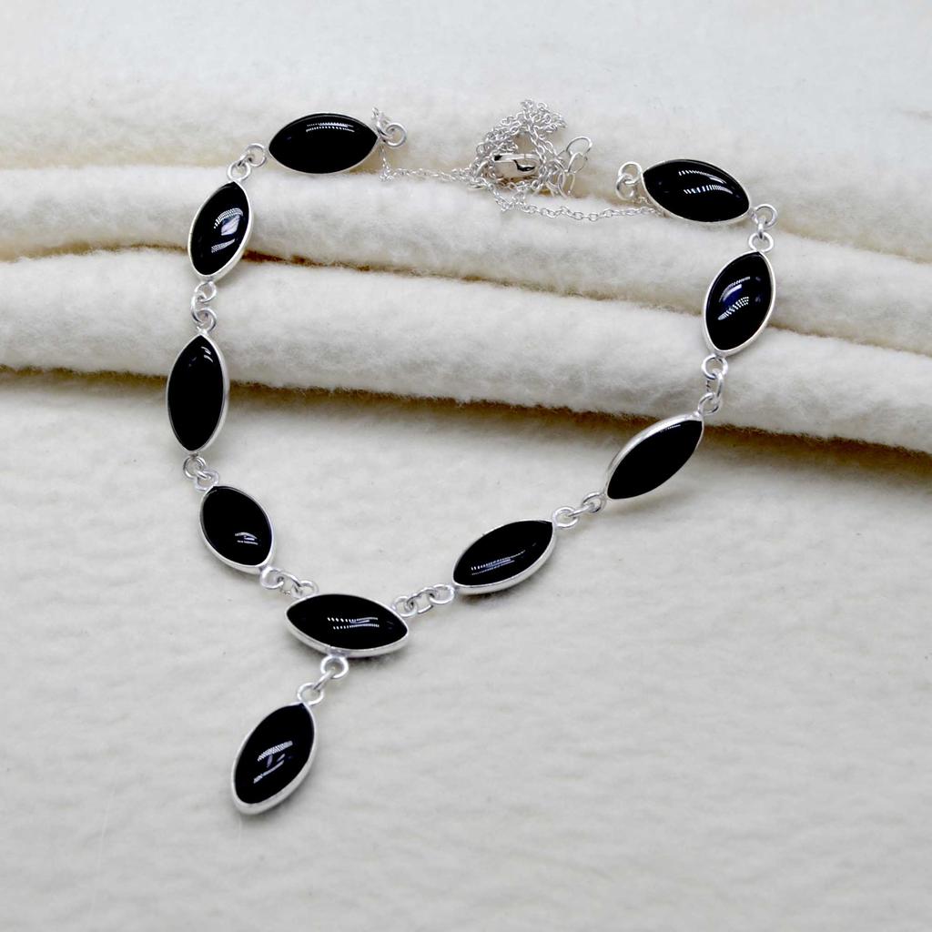 Schwarze Onyx 925 Sterling Silber Halskette, Edelstein Marquise handgemachte Halskette Geschenk für ihre Mutter, Jubiläumsgeschenk