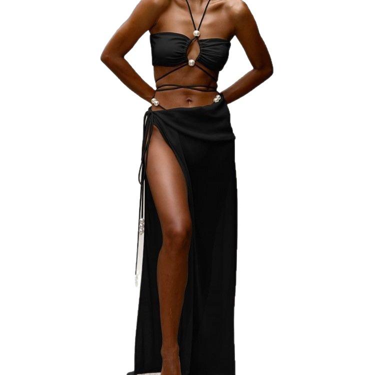New European and American split bikini swimsuit female sexy neck strap beach vacation bikini wrap skirt three-piece set
