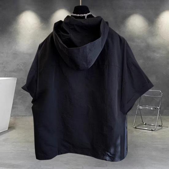 Pánské letní tričko s kapucí velká nášivka kapsa na zip zapínání oversized čistá barva pytlovité krátké rukávy střední délka streetwear hip hop sportovní mikina
