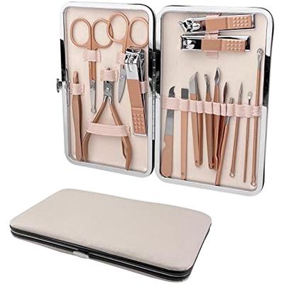 Kit d'amélioration des ongles en acier inoxydable or rose, 18 pièces, kit d'amélioration des ongles et de réparation des pieds, couteau à ongles professionnel avec étui en cuir