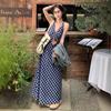 Blue Plaid Neck Dress for Women's Summer New Waist Halter Long V-neck Seaside Vacation Suspender Skirt