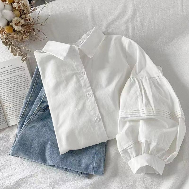 Puff Sleeve Shirts Women White Turn Down Collar Preppy Sense of Design Chic Female Tops Korean Fashion Simple Summer Blouse