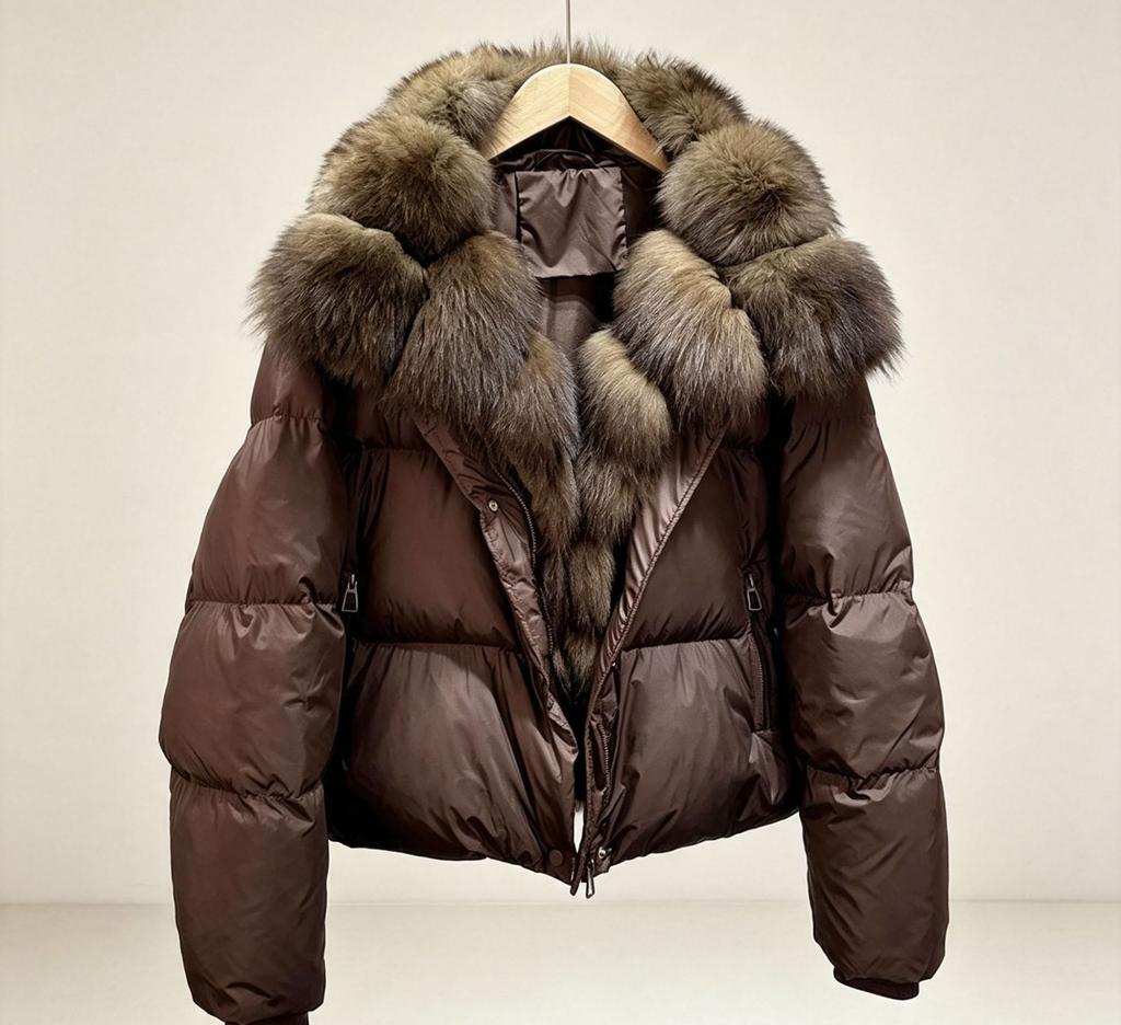Gecă scurtă de damă, albă, cu puf de rață, guler nou din blană naturală de vulpe, la modă, versatilă, călduroasă