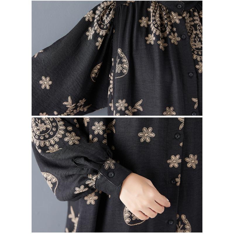 DIMANAF Frühling Herbst Übergröße Damen Hemdkleid Langarm Schwarz Druck Blumenmode Dame Locker Lässig 2026
