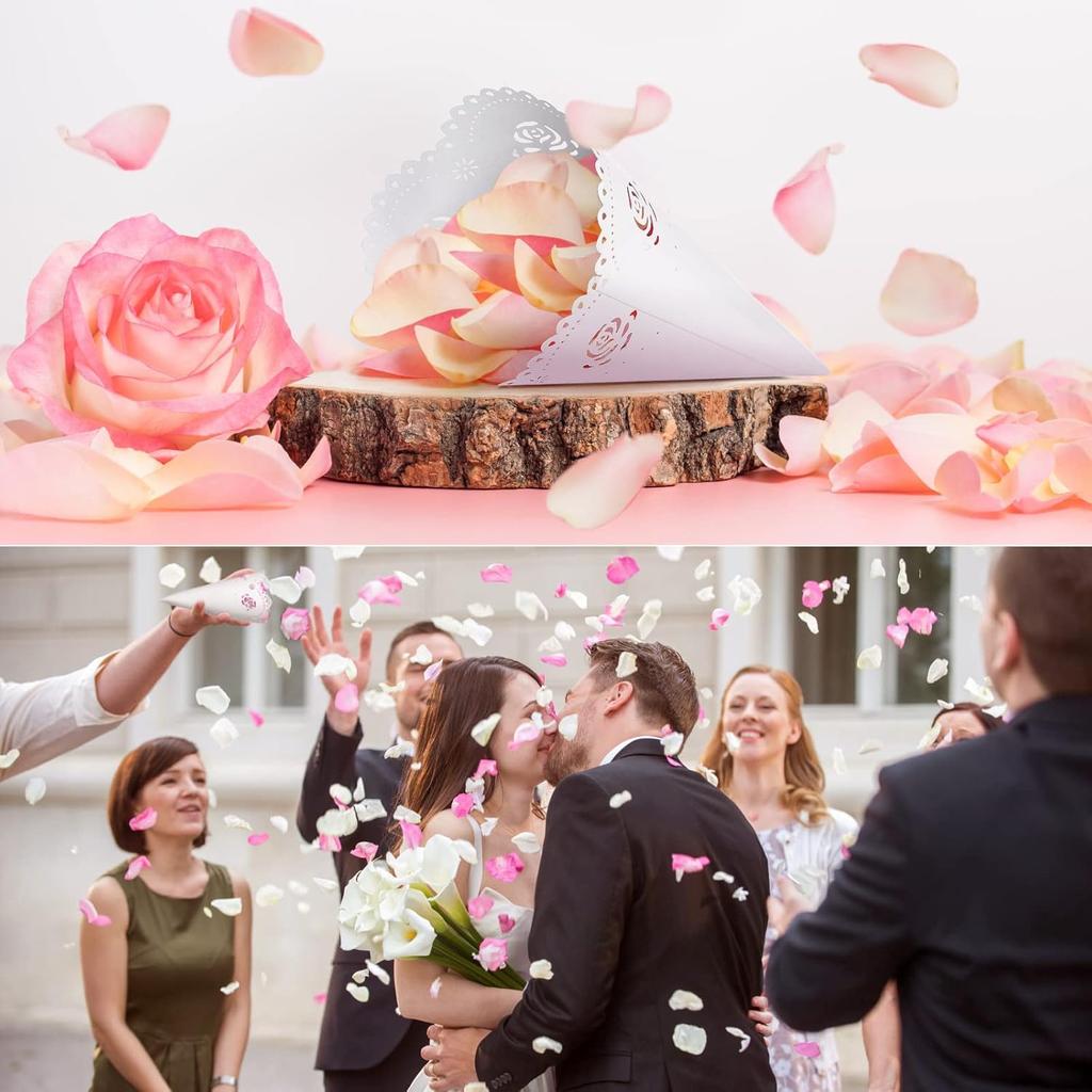 50 Pcs Paper Confetti Cones Wedding White Paper Tapers Hollow Print Cone for Party Petal Small Bouquet White Paper Cones for Candy Buffet