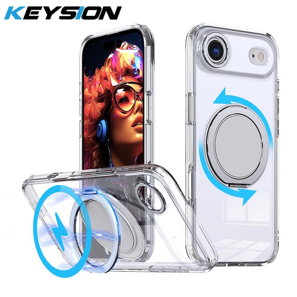 KEYSION Shockproof Matte Transparent Case for MagSafe for iPhone 17 17 Air 360° Rotating Magnetic Ring Stand Phone Back Cover