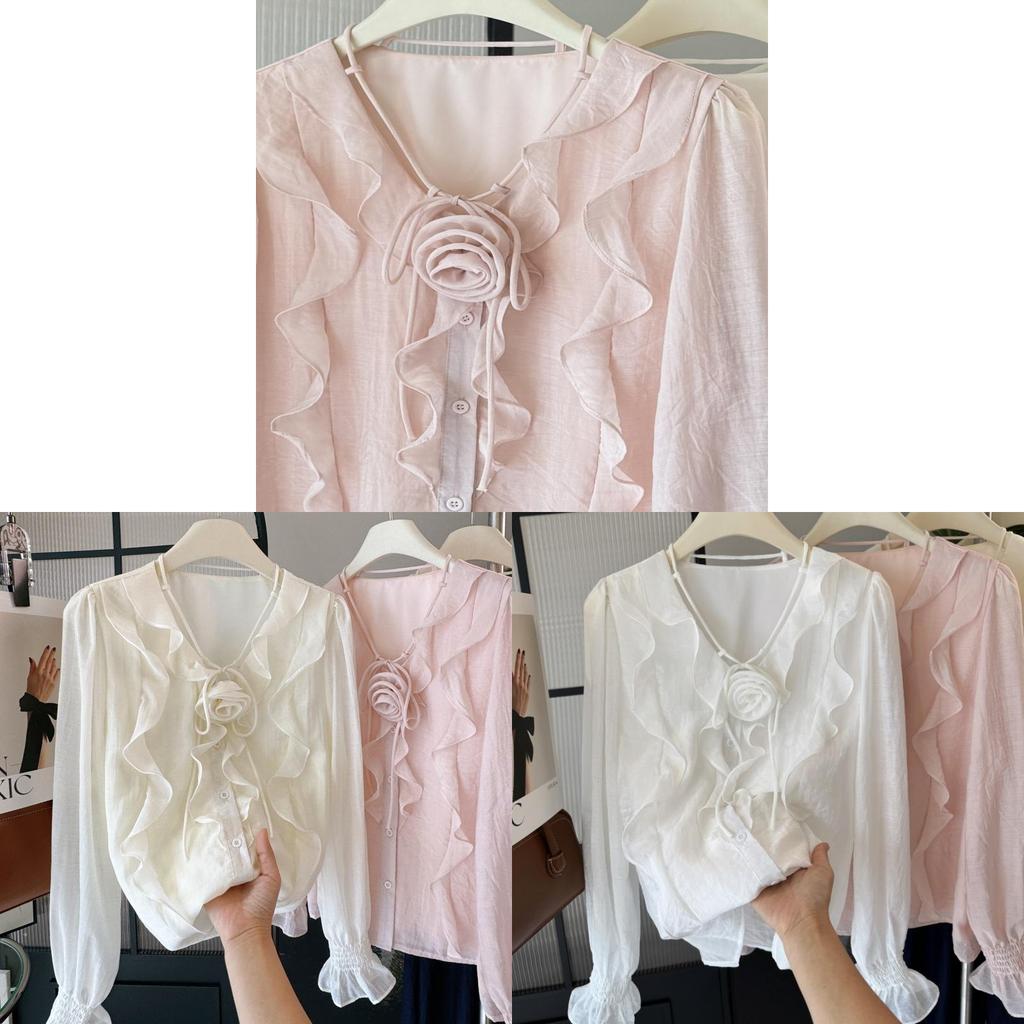 Romantic Korean Style V Neck Long Sleeve Shirt With Ruffle Tie Detail For Casual Wear