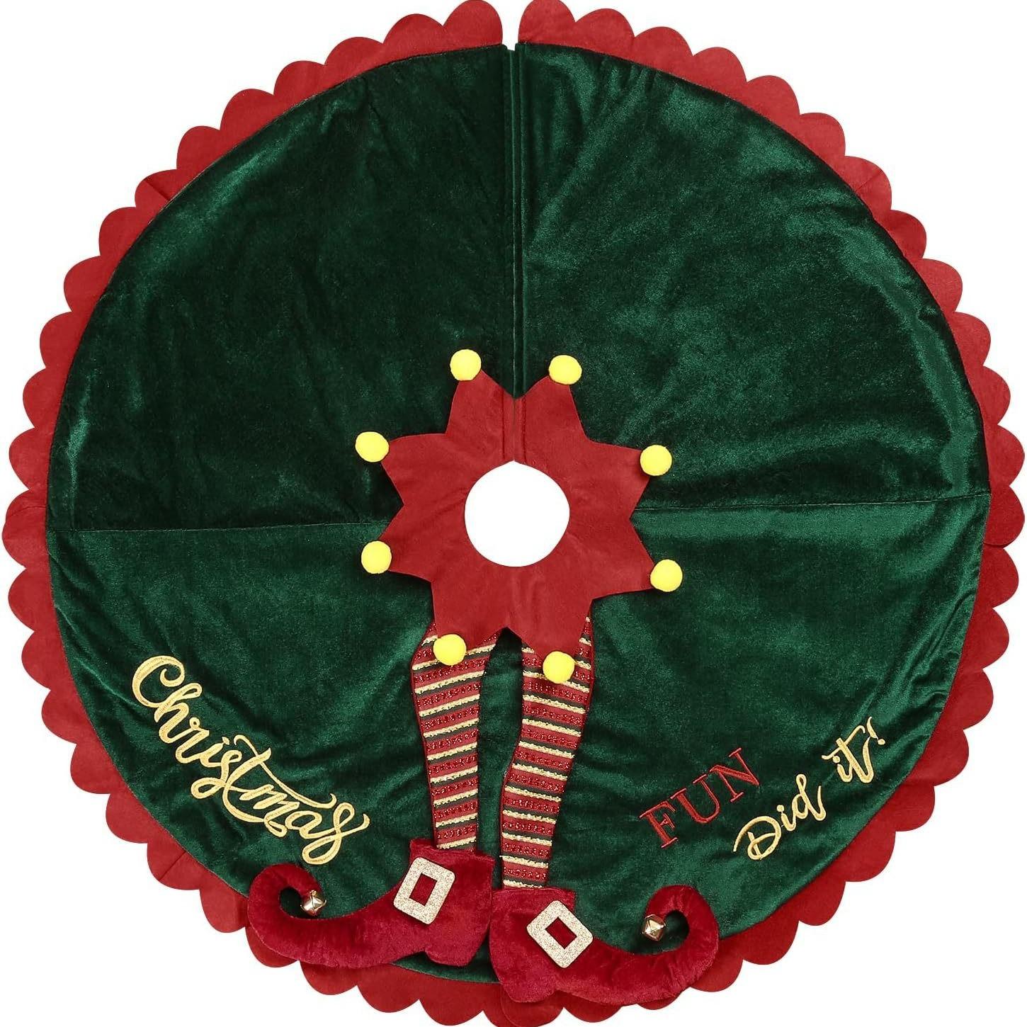 

Christmas Tree Skirt Red Green Elf Leg Tree Skirt Christmas Tree Apron New Year Holiday, Christmas Scene Decoration Supplies 60cm