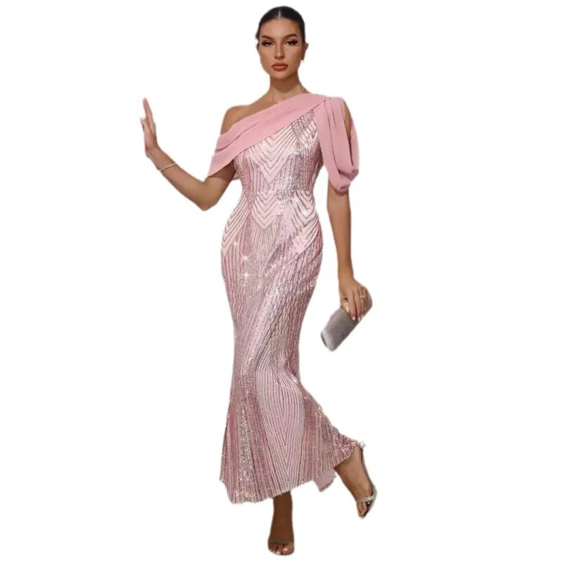 

Партийное длинное платье с пайетками Европейское и американское платье На одно плечо Пэчворк Пайетки Длинное платье Вечернее платье Pink XL