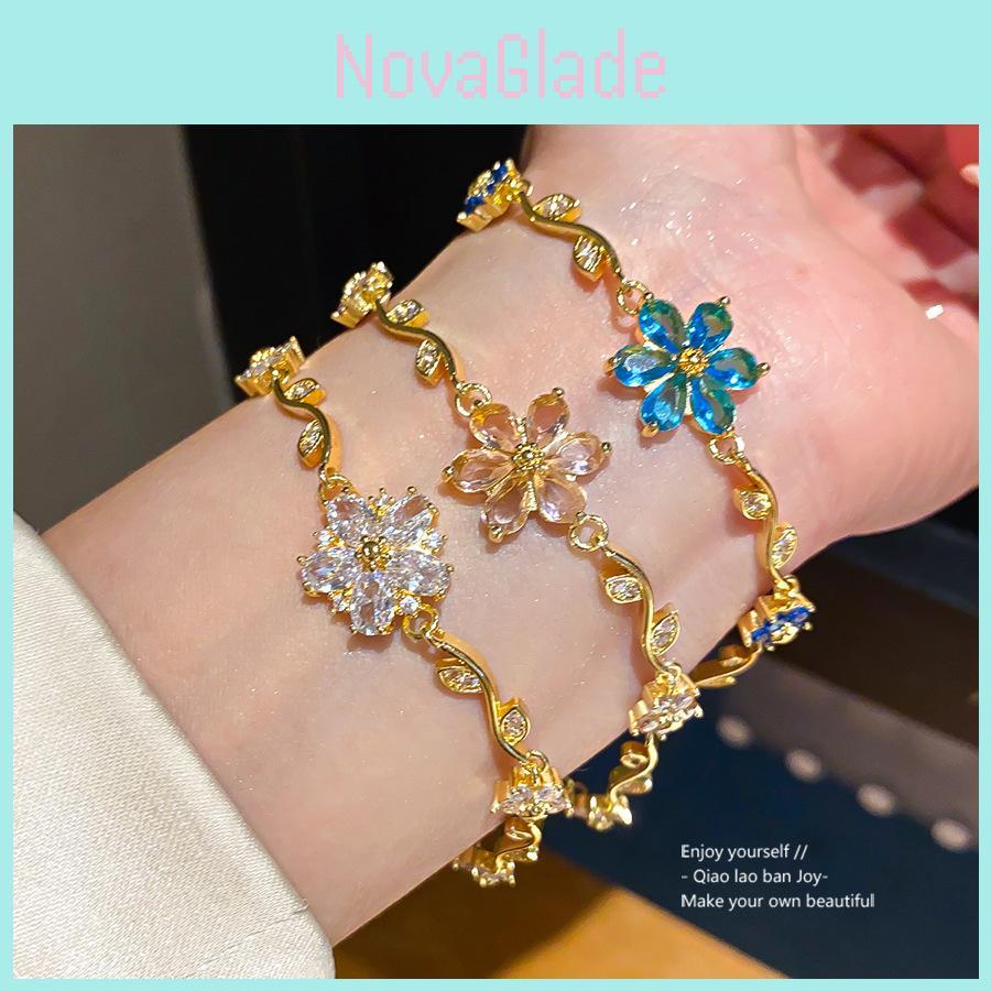 Flower Pendant Bracelet 18k Gold Plated Zirconia Elegant Jewelry For Women