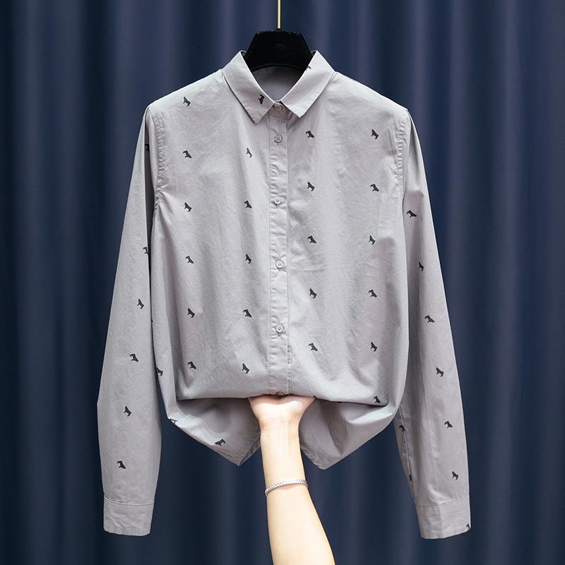 Осенняя зеленая хлопковая рубашка с длинным рукавом Осенняя новая женская модная рубашка Топ в европейском стиле S серый