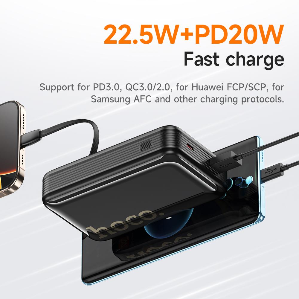 Hoco. Q37 10000mAh 22.5W Power Bank with Built-in USB-C/Lightning Cables, PD20W Fast Charging, Digital Display