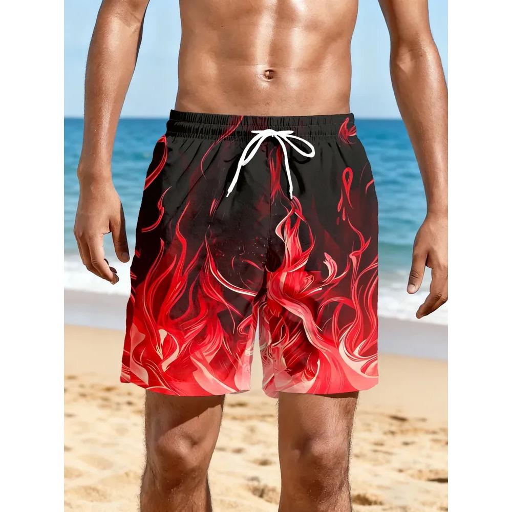 Fashionable Comfortable Plus Size Drawstring Loose Flame 3D Shorts Men Creative Colorful Summer Leisure Holiday Cool Daily Versatile Shorts