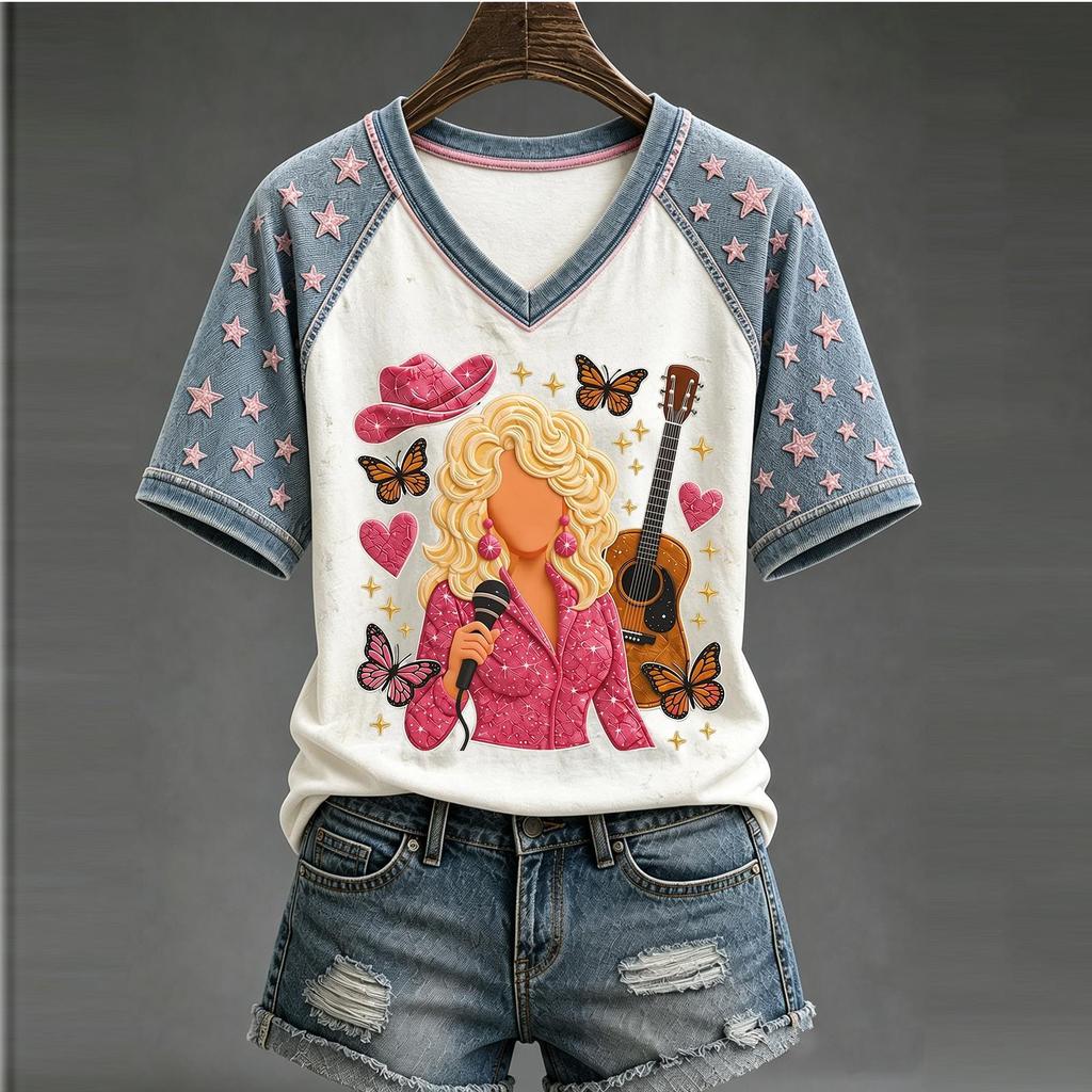 Women's Casual V-Neck Letter Print Short Sleeve Top