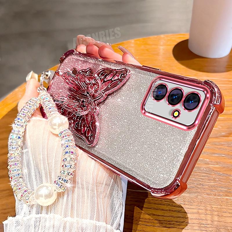 Lanyard Plating Butterfly Holder Silicone Case For Samsung Galaxy A17 A16 A26 A36 A56 A15 A25 A35 A55 A07 Shockproof Stand Cover