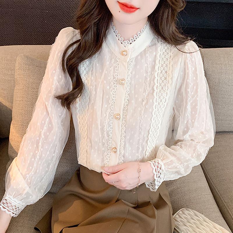 Autumn Fashion New 2024 Long Sleeve Stand Collar Apricot Lace Chiffon Blouse Shirt Women Tops Blouses Shirts J472