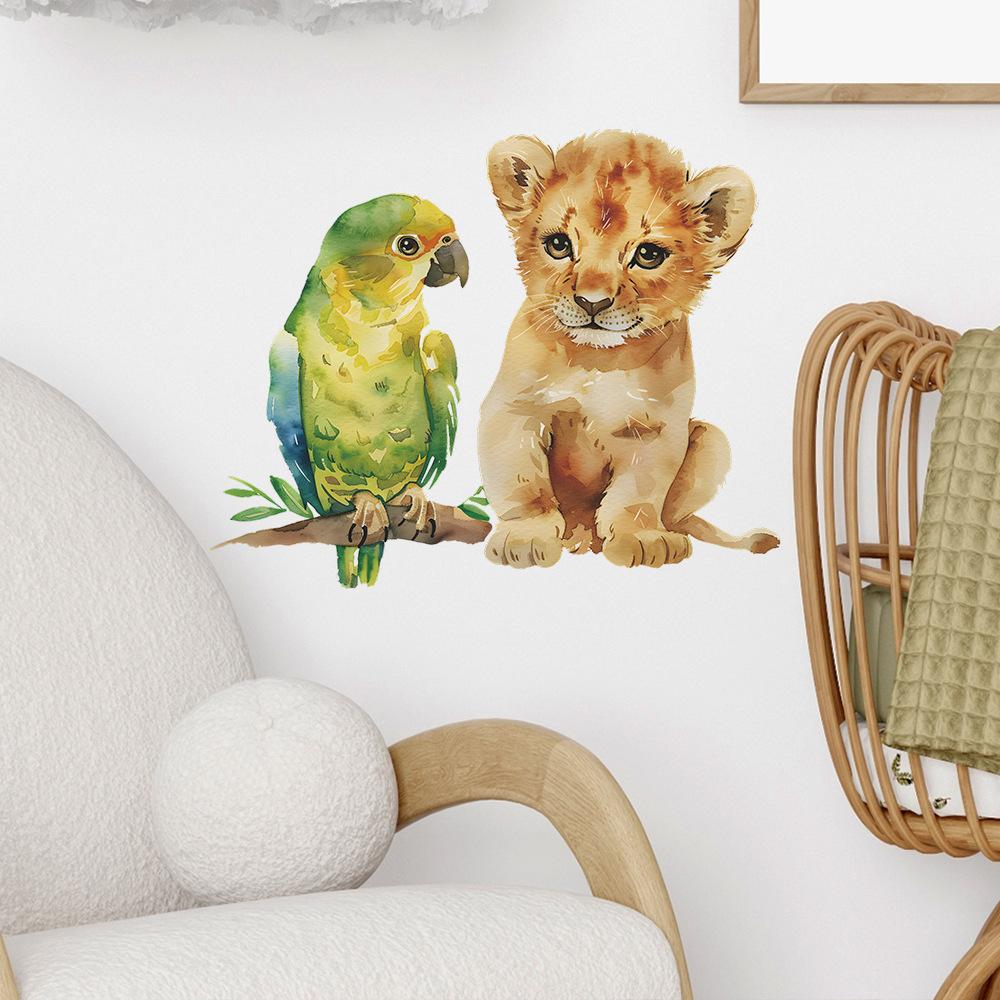 Cartoon Watercolor Little Lion Parrot Bedroom Living Room Wall Beautify Decorative Wall Stickers