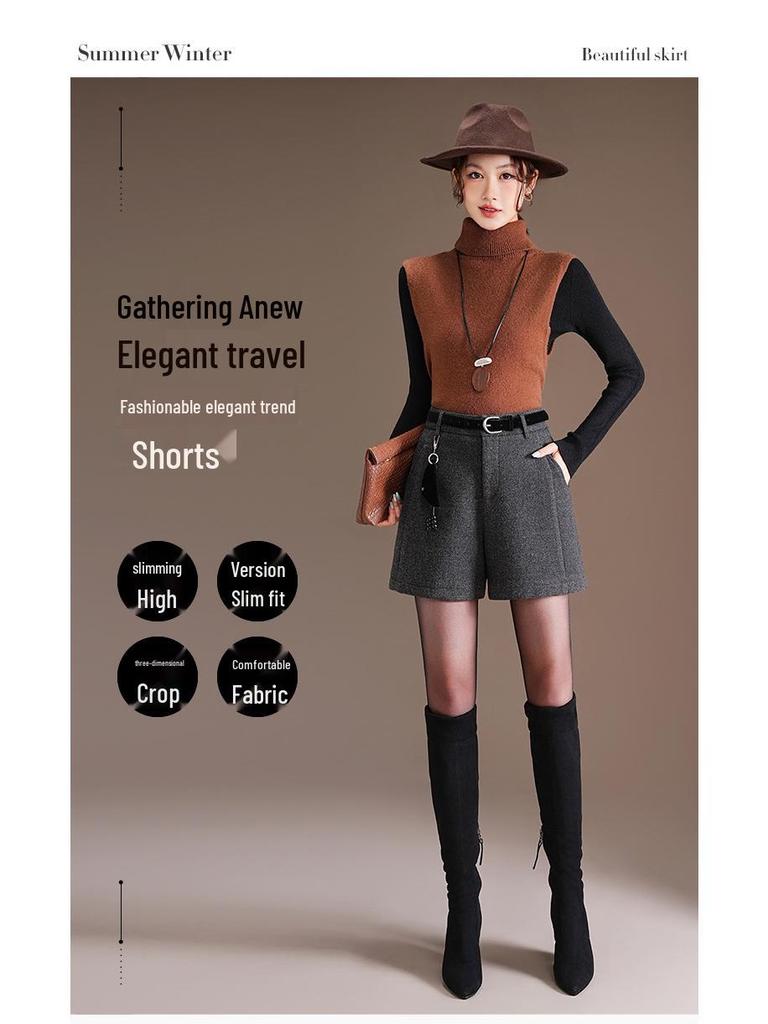 Women's Gray-Black Woolen Bootcut Shorts - Fashionable Autumn/Winter 2025