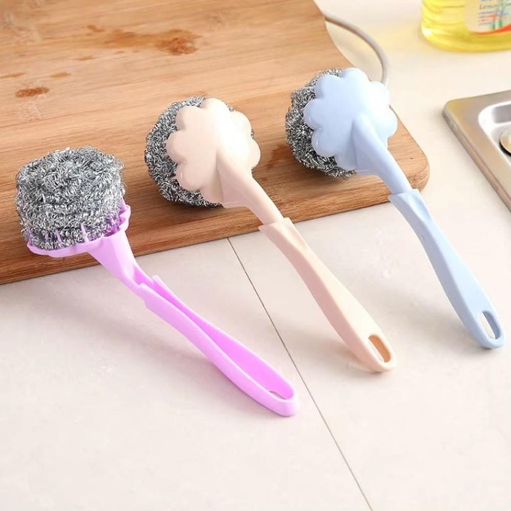 New Long Handle Cleaning Ball Oil Removal Non-stick Oil Steel Wire Ball Brush Multi-function Pot Washing Brush Kitchen Accessory