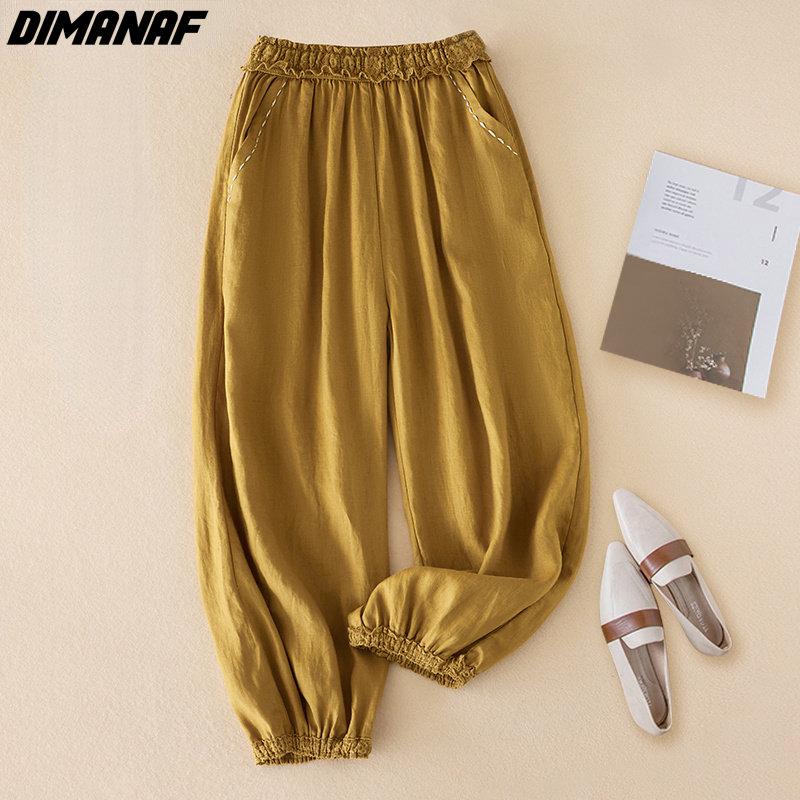 

DIMANAF 2023 летние длинные брюки женские эластичные брюки свободные повседневные женские льняные базовые брюки-шаровары размера плюс XL чёрный