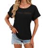 Women's Summer Casual Waffle Tee Lace Insert Round Neck Short