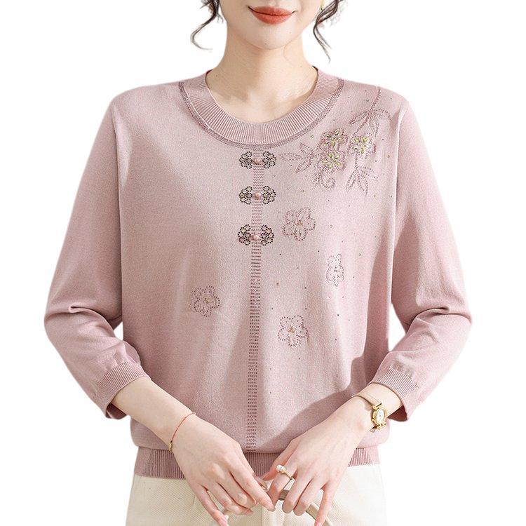 Chic Plus Size Round Neck Sweater for Middle-Aged Women - Comfortable 3/4 Sleeve Knitwear