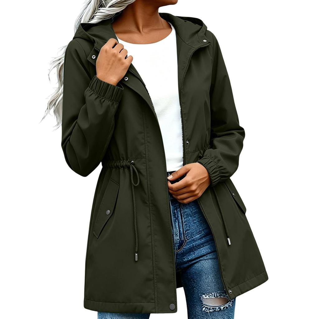 Damen Kapuzenjacke Mittellang Lässiger Lockerer Schnitt Windbreaker Mantel mit Verstellbarem Bundzug und Druckknopfleiste vorne