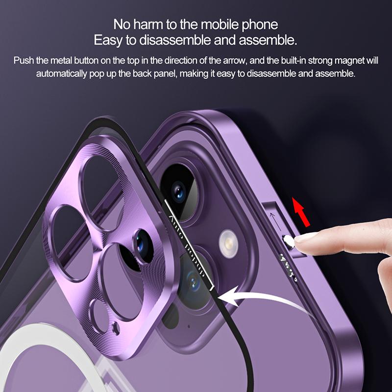 Aluminiumrahmen für kabelloses Laden, Aluminiumrahmen, magnetische Hülle für iPhone 15, 14, 13, 12 Pro Max, Objektivglas, schützende HD-transparente Rückwandplatine
