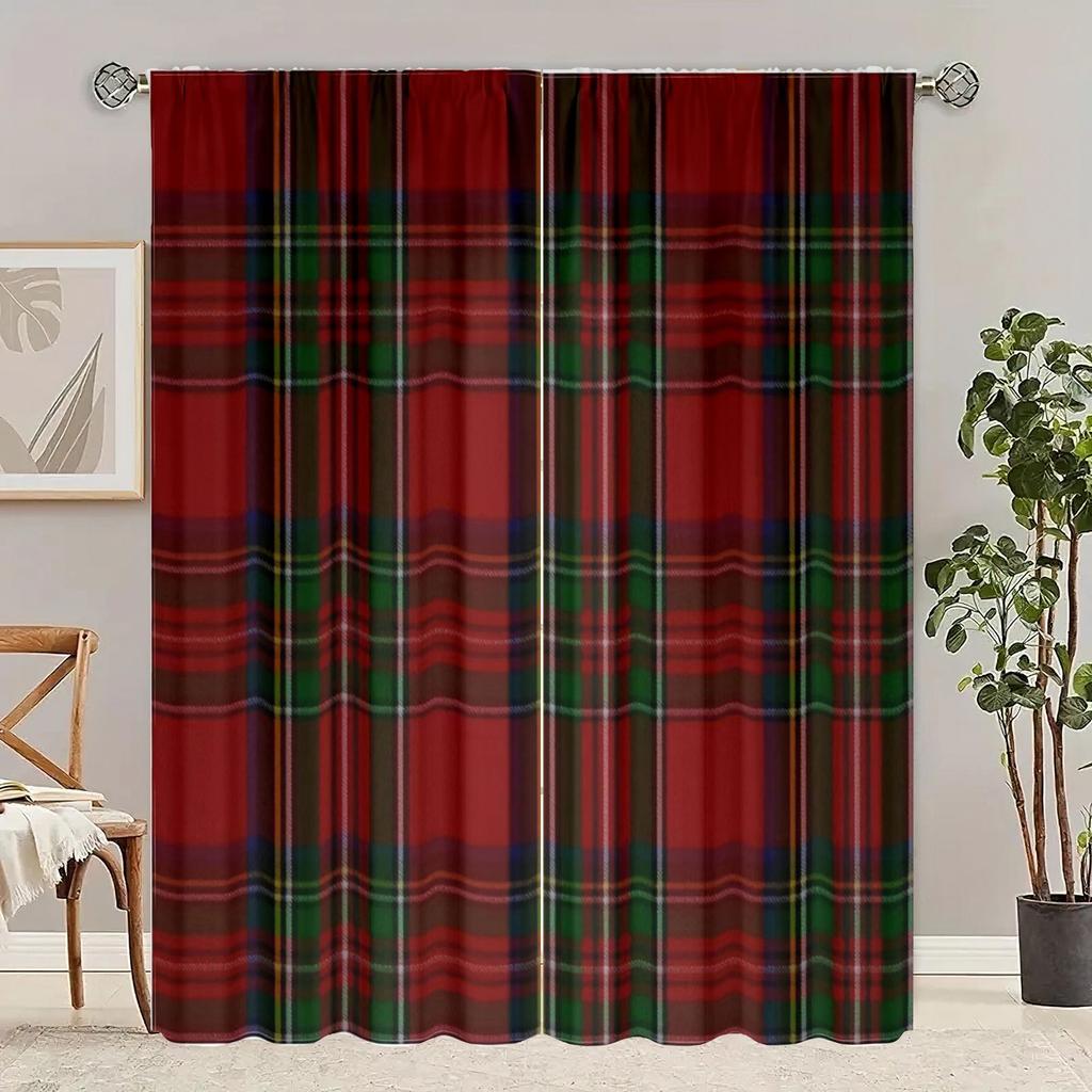 2 Pieces - Plaid - Printed Curtain - Polyester Material - for Bedroom Living Room Study Anti-privacy Curtain