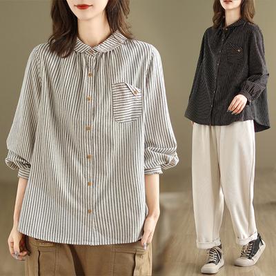 Spring Autumn Cotton Linen Blouses Artistic Plus Size Loose Slimming Striped Long Sleeved Shirt Top for Women
