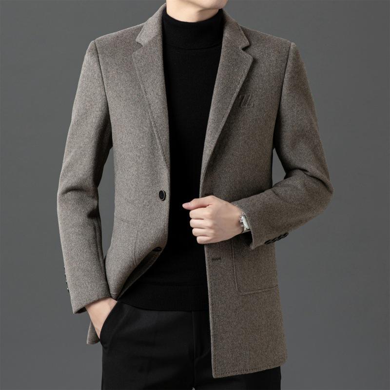 Men's Mid-Length Double-Sided Cashmere Coat with Detachable Down Liner, Casual Wool Suit for Middle-Aged